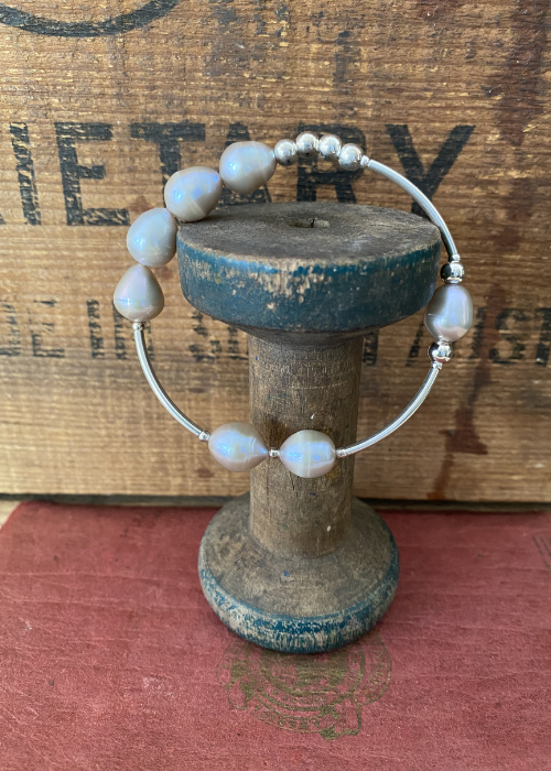 Bracelet - Light Grey Fresh Water Pearl - Sterling Silver - Elastic