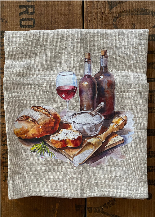 Tea Towel - 100% Linen Wine/Bread