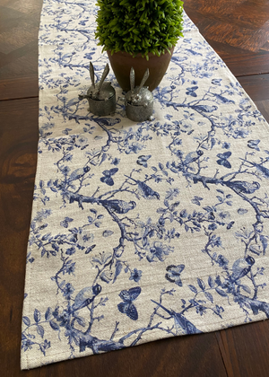 Table Runner - 100% Linen - Toile Blue Trees With Birds