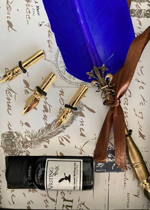 Calligraphy Set - Vibrant Blue Quill With Four Nibs And Ink