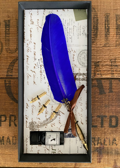 Calligraphy Set - Vibrant Blue Quill With Four Nibs And Ink