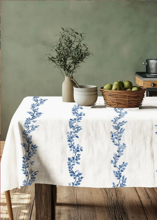 Tablecloth - 100% Linen - Blue Leaf