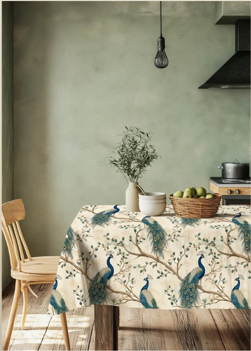 Tablecloth - 100% Linen Peacock
