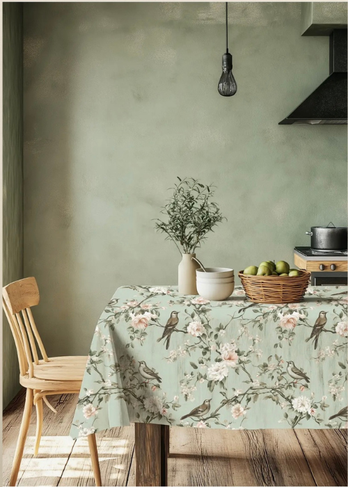 Tablecloth - 100% Linen - Toile Sage Green Birds