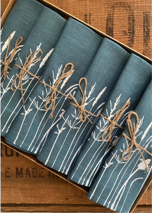 Napkins - Linen - Meadow Design - Duck Egg Blue