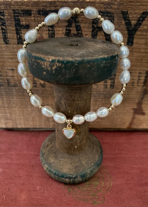 Bracelet - Fresh Water Pearl And Gold Filled With Mother Of Pearl Heart