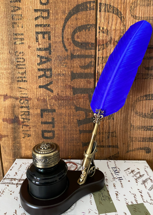 Calligraph Set - Blue Quill With Stand And Ink Well