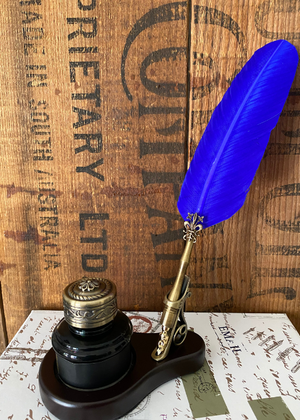 Calligraph Set - Blue Quill With Stand And Ink Well