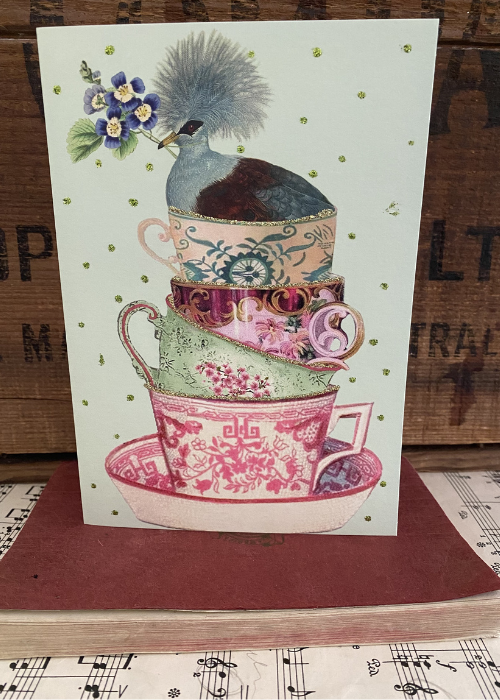 Greeting Card - Bird And Teacups
