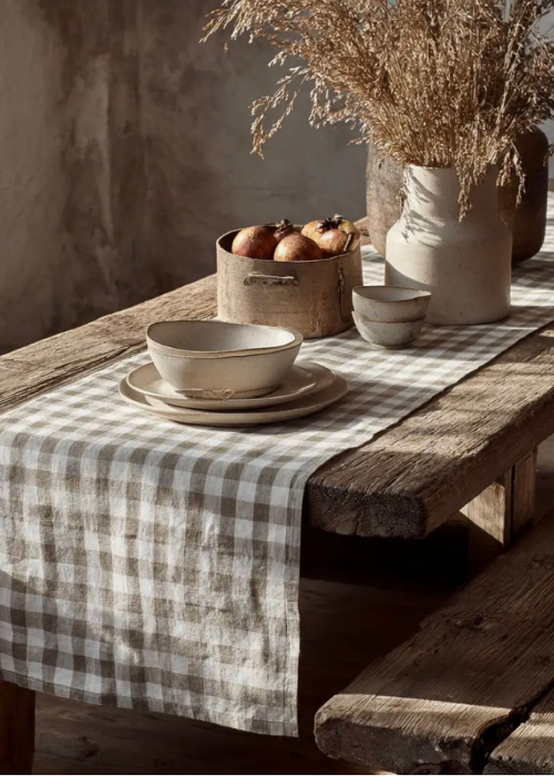 Table Runner - 100% Linen - Gingham - Beige And Natural