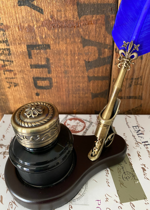 Calligraph Set - Blue Quill With Stand And Ink Well