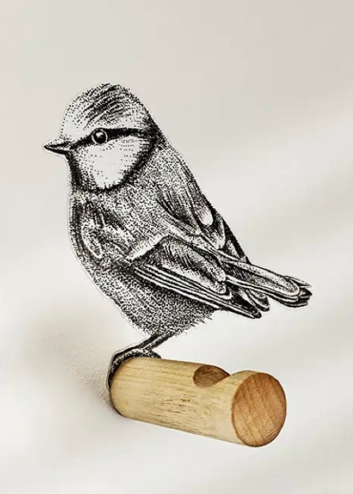 Wall Hook/Peg - Blue Tit (Black And White)