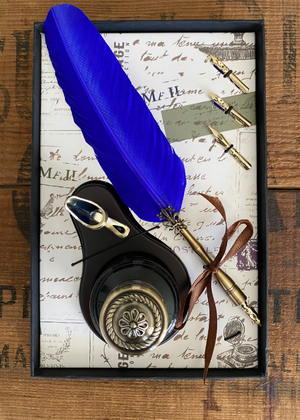 Calligraph Set - Blue Quill With Stand And Ink Well