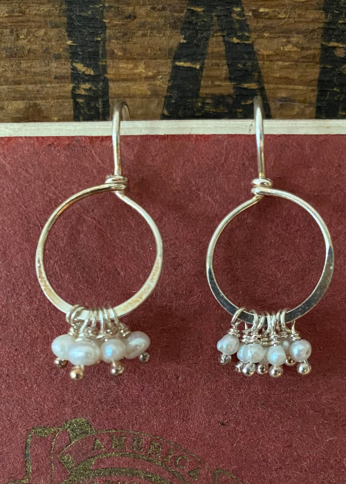 Earrings - Sterling Silver With Seven Tiny Drop Pearls