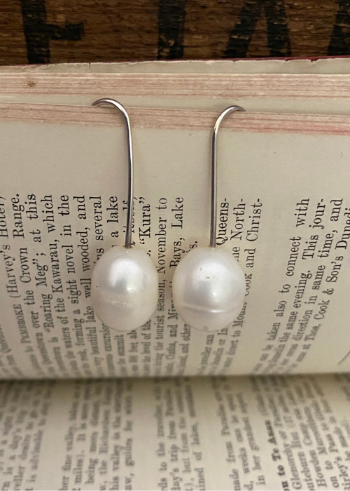 Earrings - Pearl With  Long Sterling Silver Fixed Hook