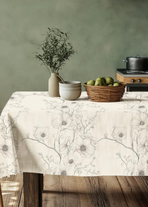 Tablecloth - 100% Linen Wildflowers - Beige