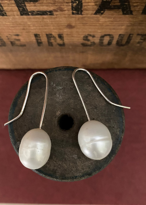 Earrings - Pearl With  Long Sterling Silver Fixed Hook