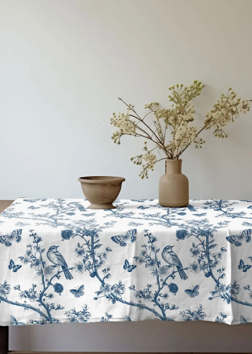 Tablecloth - 100% Linen  - Toile Birds And Butterflies