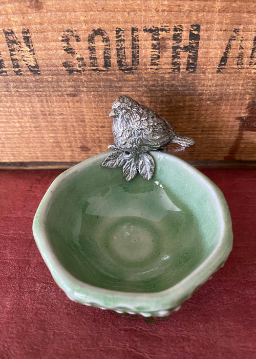 Bowl - Tealight Holder - Ceramic And Pewter Bird