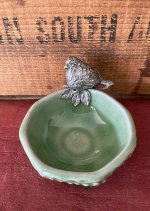 Bowl - Tealight Holder - Ceramic And Pewter Bird