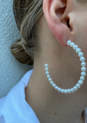 Pearl Semi Hoop Earrings - Large
