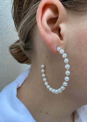 Pearl & Sterling Silver Semi Hoop Earrings - Large